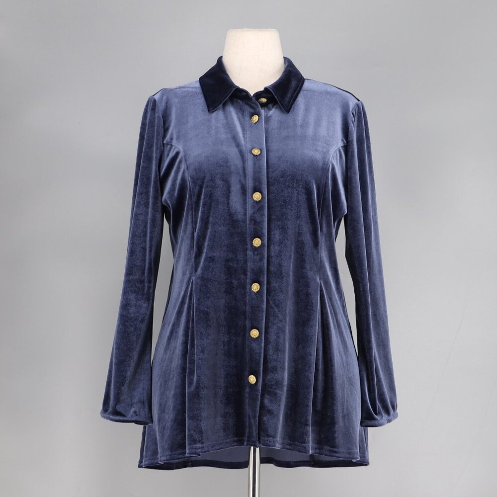 SOFT SURROUNDINGS Enchanted Velvet Button Down Shirt Blue Size L
